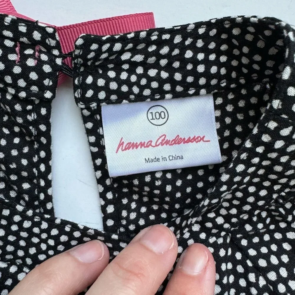 Hanna Andersson Girls Black Polka Dot Dress with Pink Ribbon Trim And Bow Size 4
